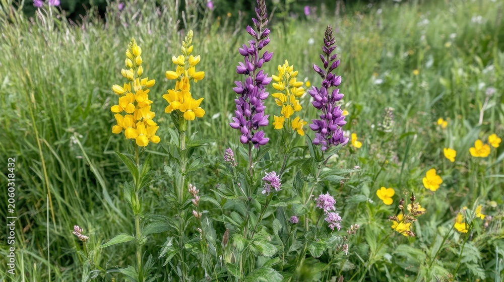 Fototapeta premium Vibrant purple and yellow lupine flowers blooming in a sunny meadow during summer