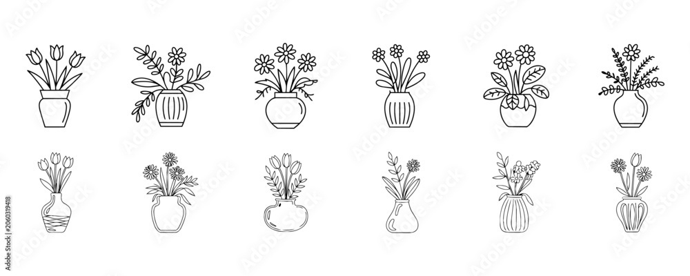 Fototapeta premium Floral arrangements in various pots and vases for interior home decor design files. plants and flower arrangements in diverse decorative vases. Perfect for interior design concepts and home decor.