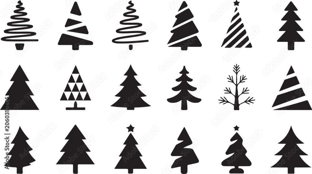 Fototapeta premium Set of modern christmas tree silhouettes featuring various artistic styles and abstract geometric evergreen plant shapes