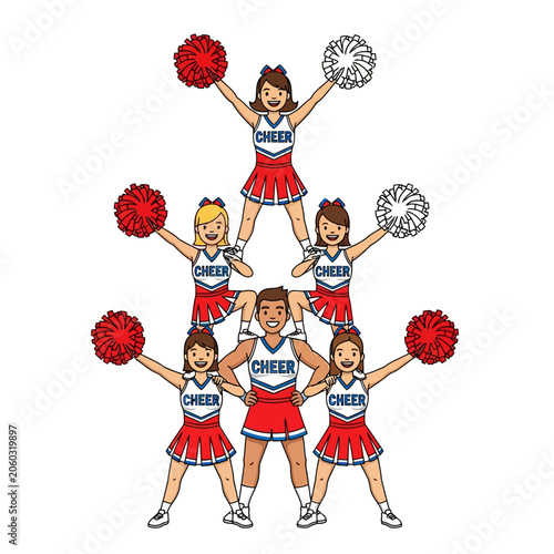 Cheerleaders forming a pyramid, cartoon illustration, teamwork concept