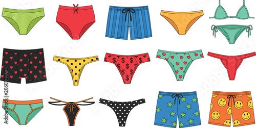 Tableau sur toile Colorful underwear vector set with men boxers, women panties, bikini lingerie, b