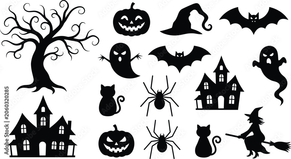 Fototapeta premium Halloween silhouettes with haunted houses, ghosts, pumpkins, bats, witch, cats, spiders, and spooky tree illustration