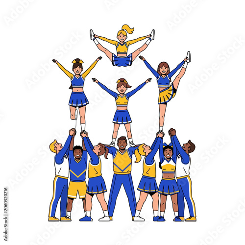 Cheerleaders performing a stunt in matching team uniforms illustration