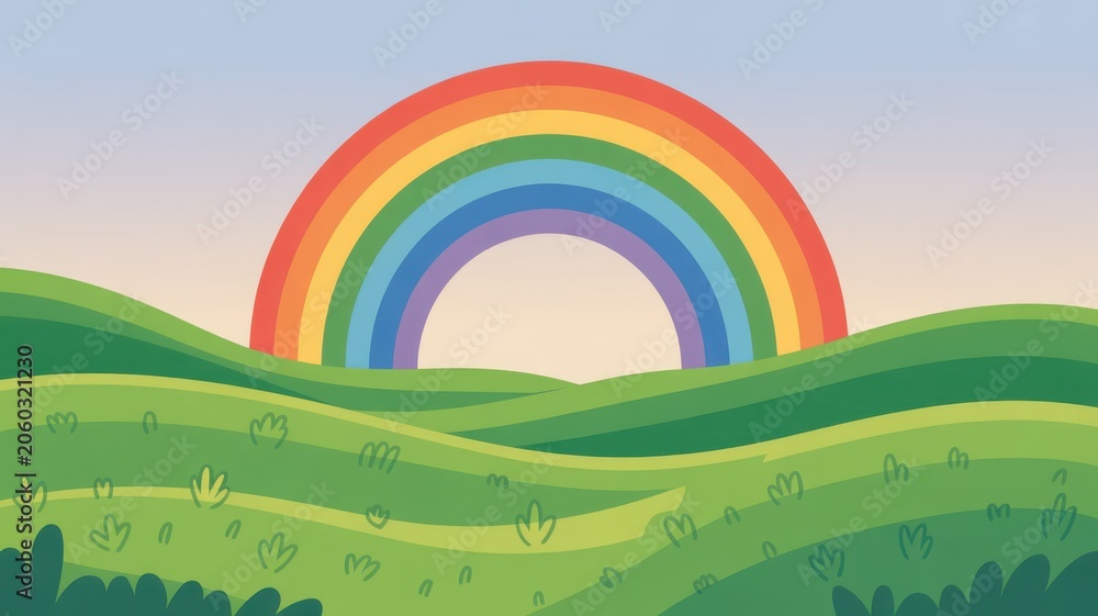 Fototapeta premium Bright colorful rainbow over rolling green hills in cartoon landscape style