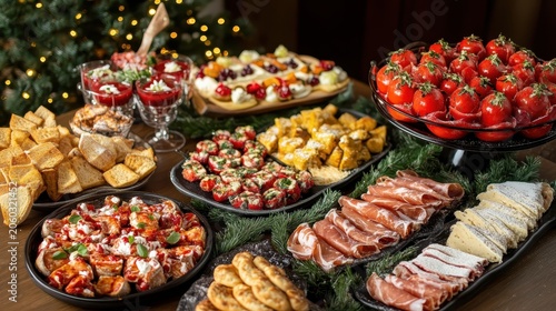 Abundant Holiday Food and Drinks Arranged on a Decorative Table with Festive Lighting and Sparkling Effects Indoors