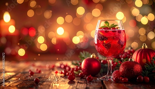 Fresh red sangria glass with mint and ice surrounded by festive decorations for San Fermin celebration