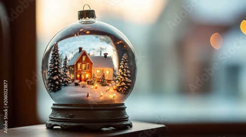 Charming Christmas snow globe featuring a cozy winter village scene with warm lights and snowy trees, perfect for holiday decor.
