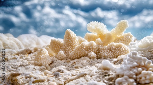 Closeup of bleached white coral formations on the ocean floor, showcasing the devastating impact of global warming on marine ecosystems.