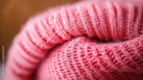 Close-up view of soft pink wool fabric texture with intricate knit pattern