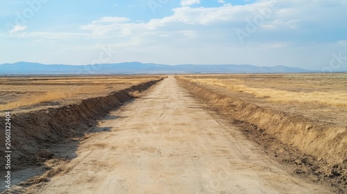 Dusty dirt road stretching through a vast, arid desert landscape under a bright, cloudy sky, representing desolation and journey