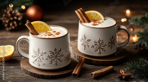 Festive holiday mugs filled with creamy spiced drinks, garnished with cinnamon sticks and citrus slices, evoking cozy winter warmth.
