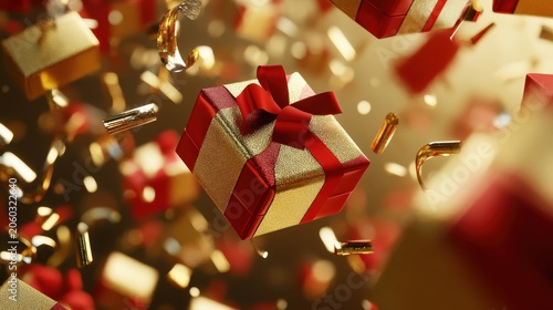 Festive golden gift box with red ribbon and falling confetti, a symbol of holiday joy and celebrations