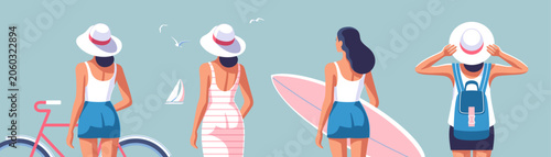 Vector illustrations of women on the theme of summer adventures, travel, beach fun and relaxation.