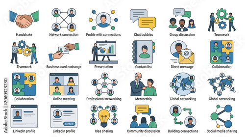 Business and Networking Icons Set: Collaboration, Communication, Global Reach