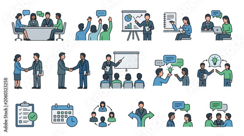 Business Collaboration and Meeting Icons Set: Teamwork, Presentation, Discussion