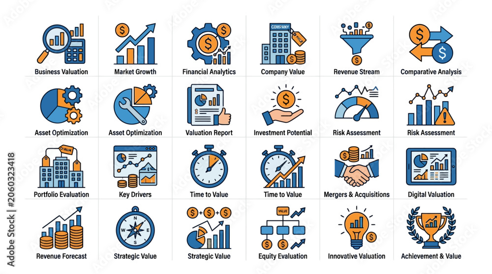 Fototapeta premium Business Finance Icons: Growth, Analytics, Investment & Strategy Set