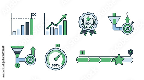Business Growth & Success Icons: Charts, Goals, Progress, Awards, Funnel