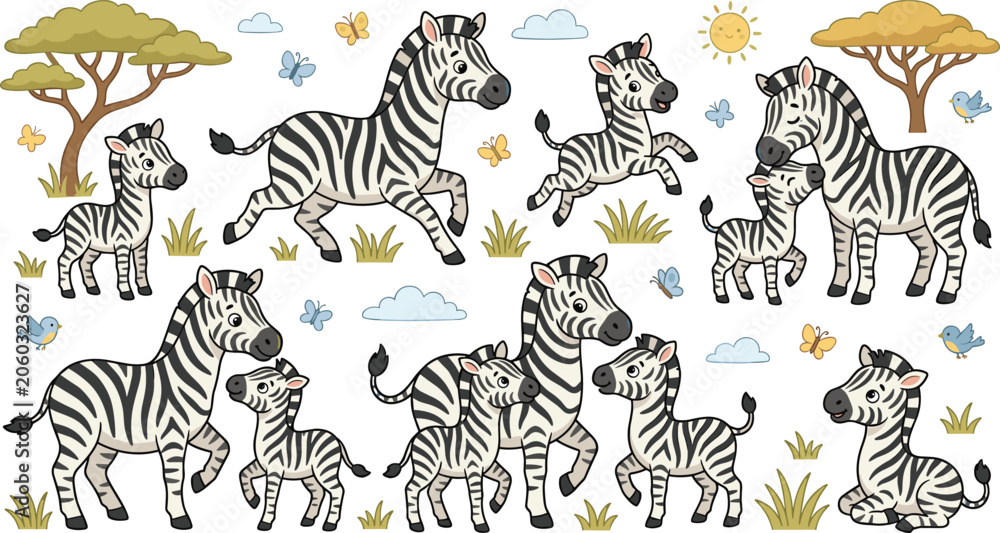 Obraz premium Cute Cartoon Zebra Character Set Featuring Happy African Safari Animals, Mothers, and Baby Colts for Kids Nursery, Stickers, and Educational Clip Art