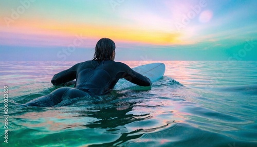 Cinematic view of a surfer from behind looking at a vibrant abstract summer gradient horizon, tropical beach atmosphere with warm orange and teal hues, photorealistic 8k surfing adventure vista.