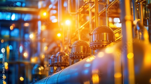 Intricate industrial chemical processing equipment with warm orange lighting and detailed components, showcasing advanced manufacturing technology.