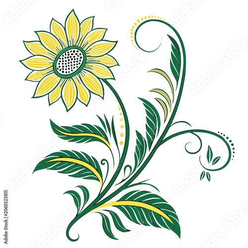 Decorative Sunflower with Ornamental Leaves Vector Illustration on White Background