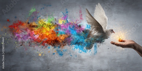 A vibrant scene showing a dove flying from a colorful explosion of paint toward a hand, symbolizing freedom and creativity.