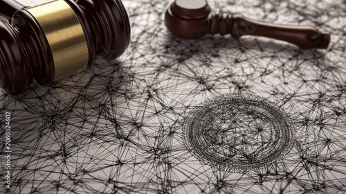 Wooden gavel rests on a complex digital network representing blockchain law and digital contract signing for secure transactions