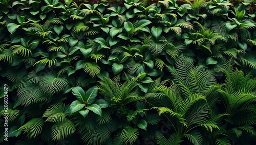 Vibrant green foliage wall with various leafy plants and ferns growing densely together
