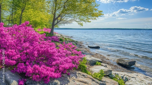 Vibrant Spring Shoreline Abloom with Bright Pink Flowers and Lush Green Trees Beside a Tranquil Blue Water Body