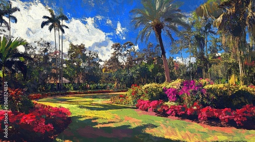 Vibrant tropical garden bathed in sunlight with lush palm trees and colorful flowers