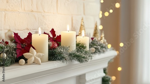Warm Christmas candles arranged on a decorated mantle with festive evergreen branches and shimmering lights, creating a cozy holiday ambiance.
