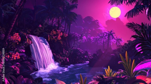Vibrant tropical waterfall and river at sunset surrounded by lush foliage creating a picturesque natural paradise