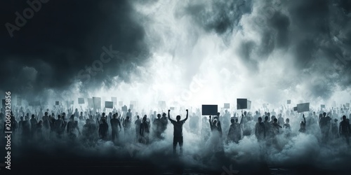 A dramatic crowd of protesters stands in a misty environment, holding signs, conveying a strong message of unity and defiance against an ominous backdrop.