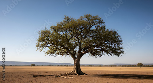 Majestic solitary tree in arid savanna landscape with exposed roots and clear blue sky