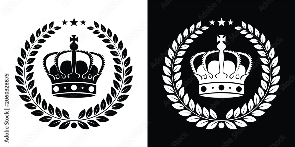Fototapeta premium Detailed royal crown emblem inside a circular laurel leaf wreath