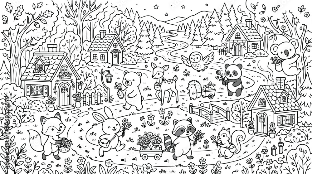Obraz premium Magic forest animals coloring page set, 10 wizard creature outline illustrations, cute woodland animal sorcerers with magic wands and spell books