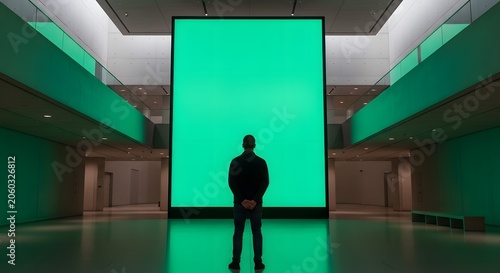 Man Standing Before Large Green Screen in Modern Building.