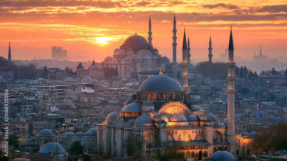 Obraz premium Istanbul skyline featuring suleymaniye mosque and rustem pasha mosque at breathtaking sunset, showing historic ottoman architecture, city life, and travel in turkey