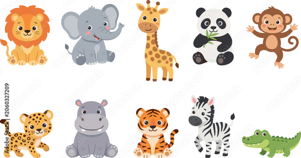 Obraz premium Cute jungle animal cartoon character collection with lion, elephant, giraffe, panda, monkey and adorable wildlife mascots