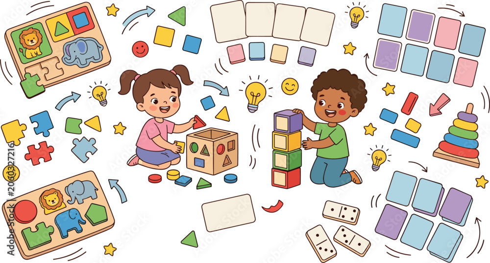 Fototapeta premium Happy Kids Playing with Educational Logic Games and Wooden Sorting Toys for Preschool Learning, Development, and Kindergarten Activities