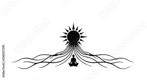 Meditator sits in a peaceful pose beneath a glowing sun with flowing energy lines.