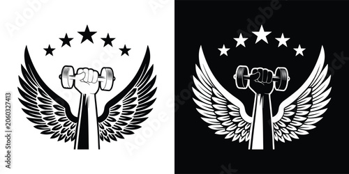 Fotografi Black and white graphic icon showing a fist lifting dumbbell