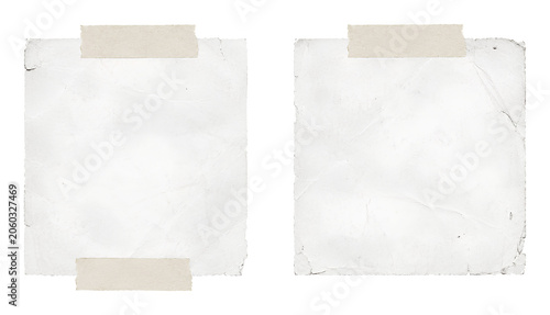two old white sticky notes with masking tape isolated on transparent background, blank, template