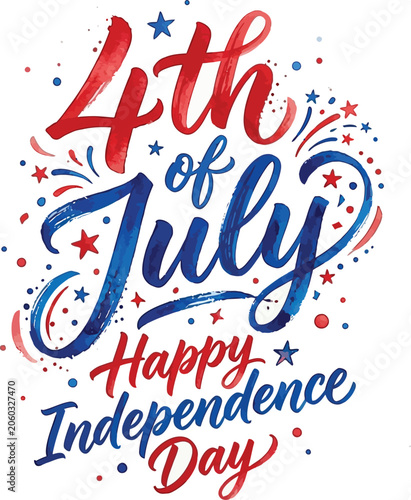 Happy Independence Day 4th of July Patriotic Calligraphy Lettering with Red and Blue Stars Vector Design