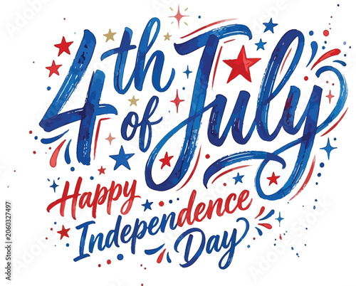 Happy Independence Day 4th of July Patriotic Calligraphy Lettering with Red and Blue Stars Vector Design