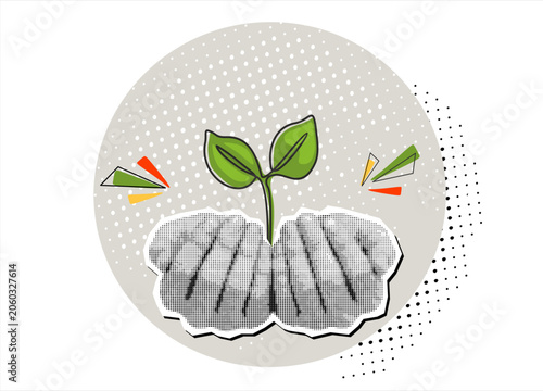 Trendy halftone collage. Hands hold growing sprout. Theme of environmental protection. Environment protection. Vector
