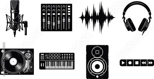 Foto Audio Recording and DJ Equipment Icon Set Featuring Microphone Mixer Turntable H