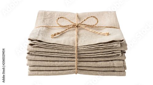 Stack of folded linen napkins tied with twine string homeware farmhouse material accessory household homespun presentation close-up isolated background