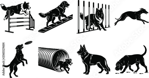 Obraz na płótnie Dog Agility Training Silhouette Icons Showing Jumping, Running, Tunnel, and Obed