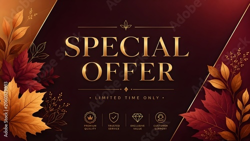 Luxury Corporate Autumn Special Offer Banner, Elegant Gold Typography with Minimalist Burgundy Foil Leaf Background for Premium Business Marketing